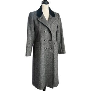 VTG. Karen 100% Pure Wool Gray Double Breasted Herringbone Long Coat.